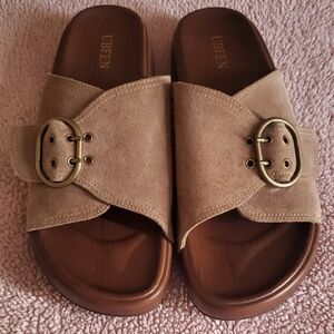 UBFEB Tan Suede Slide Sandals with Gold Buckle